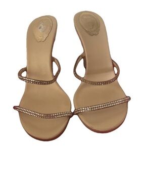 Rene Caovilla Beige Crystal-Strap Slide Heels